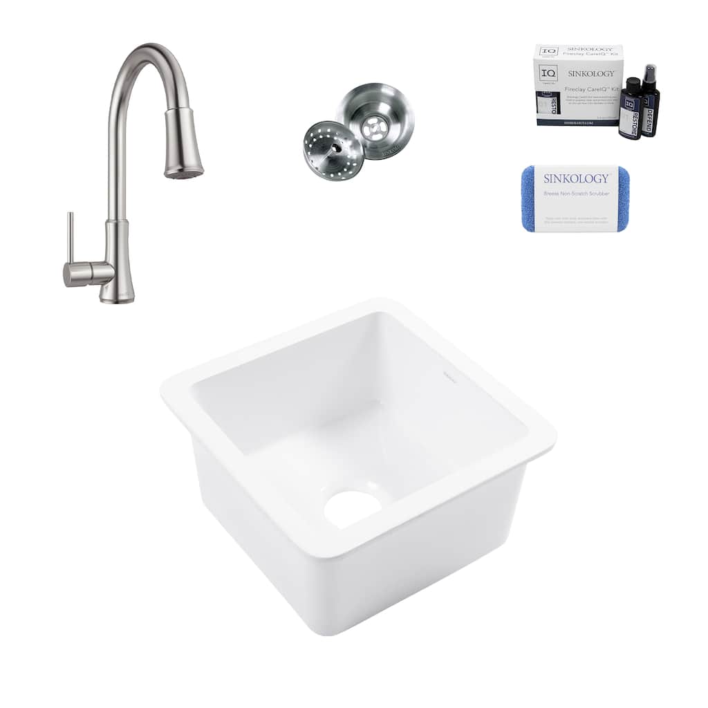 Eden Crisp White Fireclay 18" Undermount Single Bowl Bar Prep Sink with Pfirst Faucet Kit
