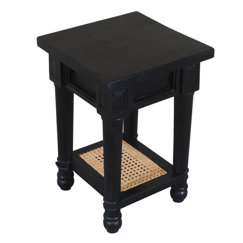 HomeRoots 20" Black And Natural Solid Wood And Cane Square End Table With Shelf - 14 in. x 20 in. x 14 in.
