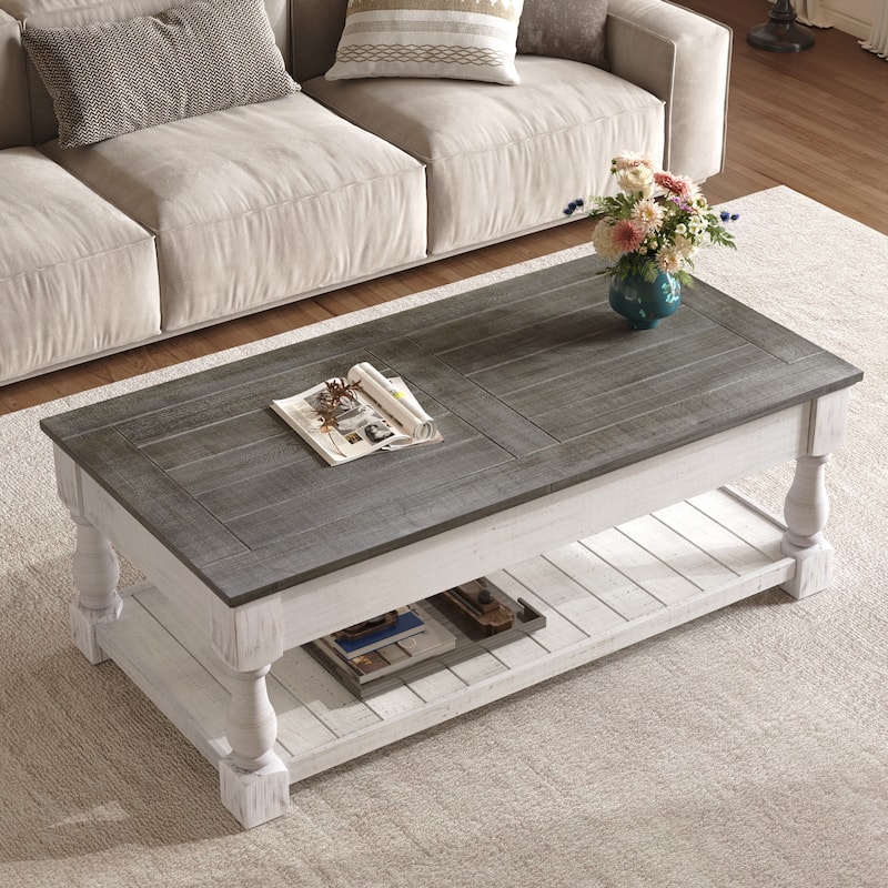 Farmhouse Lift Top Coffee Table with Fixed Shelf - 3 Hidden Storage Trays - Grey