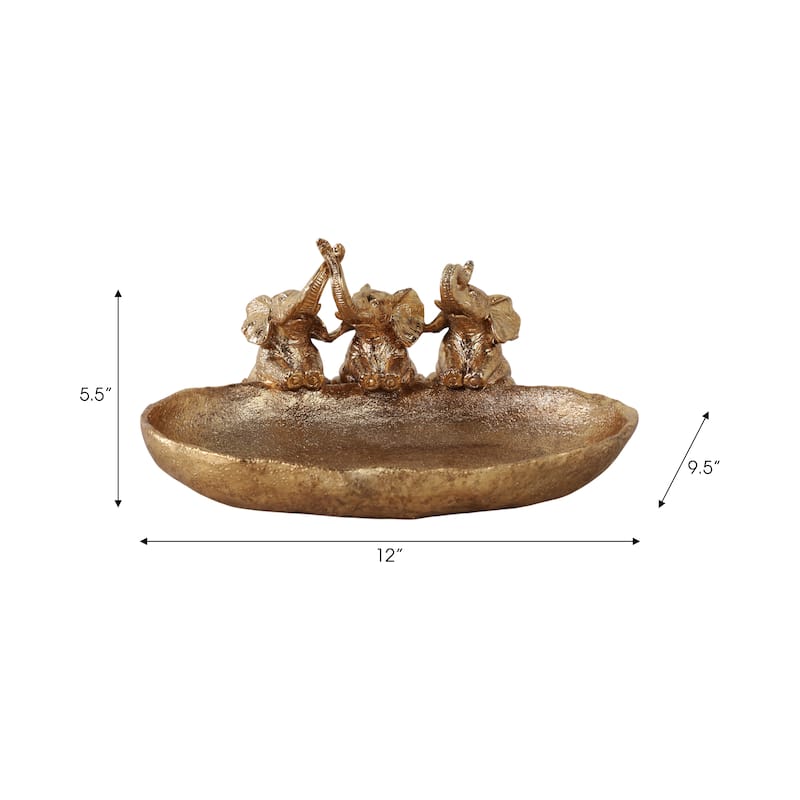 Resin Bowl Three Elephants Figurines Glam Catchall Tray - 12" Gold - 12" x 9.5" x 5.5"
