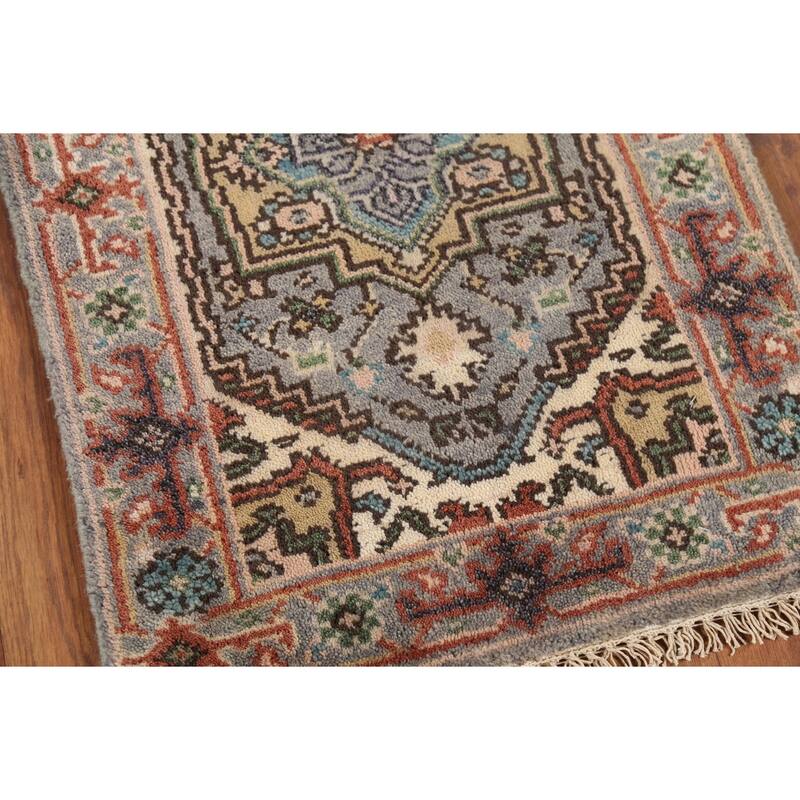 Geometric Heriz Serapi Indian Accent Rug Handmade Gray Wool Carpet - 2'0"x 3'0"