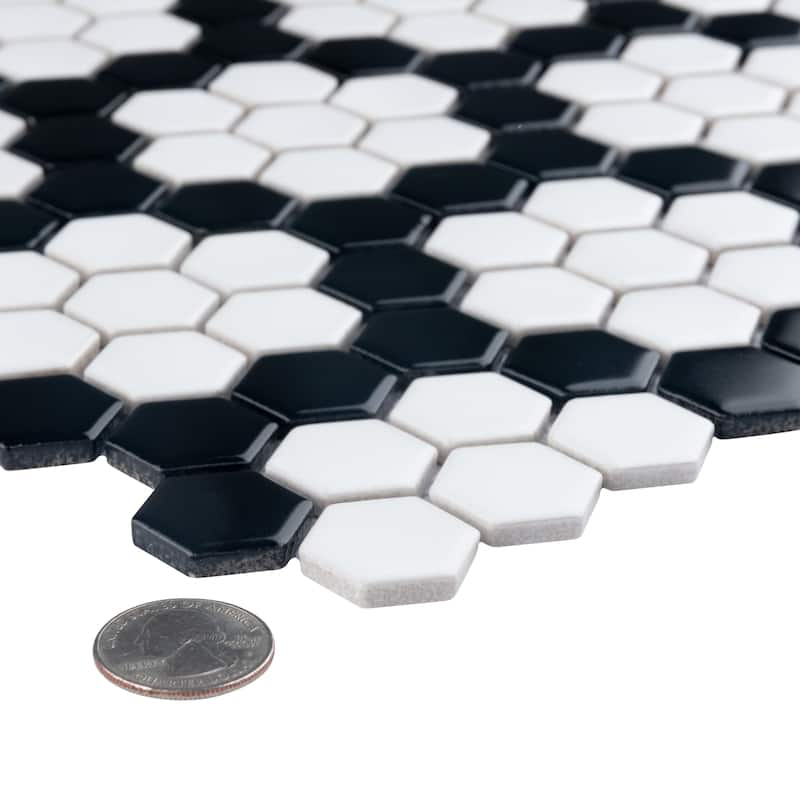 Merola Tile Metro 1" Hex Matte White w/Black Honeycomb 10-1/4" x 11-7/8" Porcelain Mosaic Floor and Wall Tile