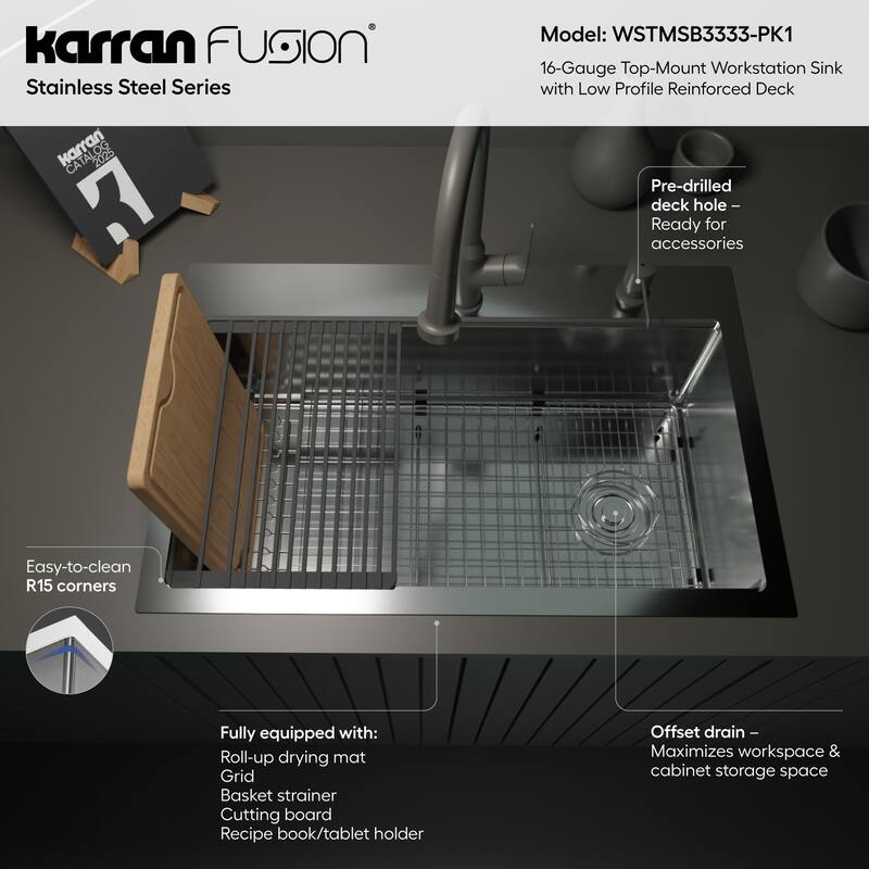 Karran USA WSTMSB3333-PK1 Fusion 33" Drop In Single Basin Stainless