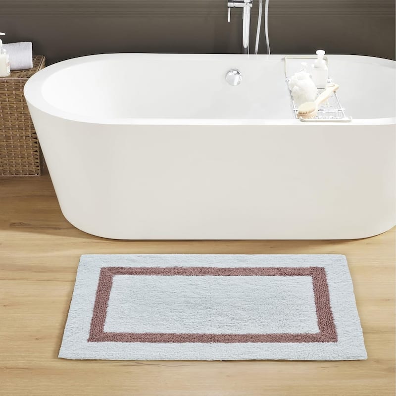 Better Trends Hotel Collection in Race Track 100% Cotton Super Absorbent Reversible Double Sided Machine Washable Bath Mat Rug - 24" x 40" Rectangle - White & Pink