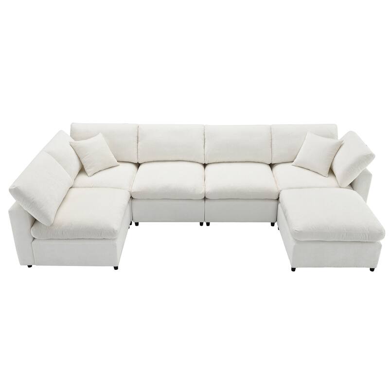 130" Modern Modular Cloud Sofa Bed,6 Seat Chenille Sectional Couch Set with Ottoman