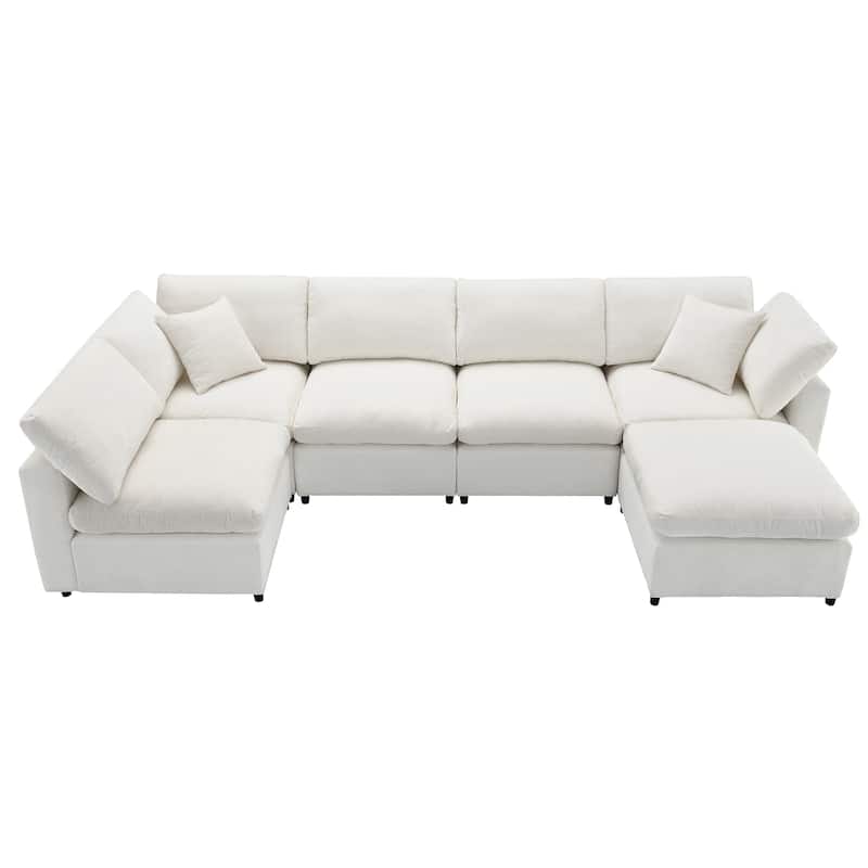 Beige 130" Chenille Cloud Upholstered Modular U-Shaped Sleeper Sectional Sofa, 6-Piece Free Combination with Removable Ottoman