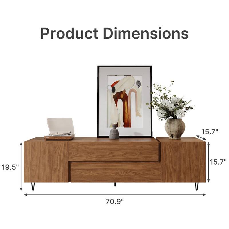 71" Walnut Finish TV Stand with Drawers & Closed Cabinets - Modern Media Console with Open Shelves