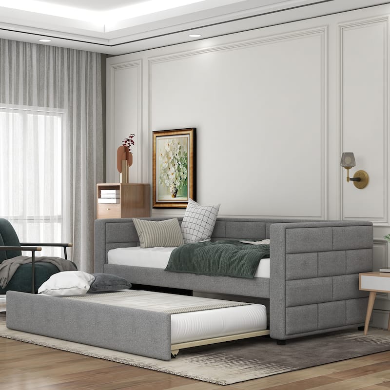 Twin Size Daybed with Trundle Bed, Upholstered Backrest, Wood Slat Support Frame - Grey