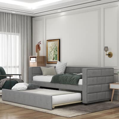 Twin Size Upholstered Daybed with Trundle and Padded Back, Perfect for Guests and Storage