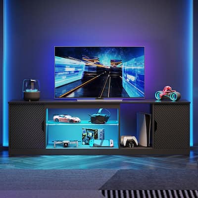 Bestier 70" TV Stand for TV, LED Gaming Entertainment Center with Storage Cabinet and Adjustable Tempered Glass Shelf