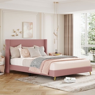 Pink Queen Size Upholstered Platform Bed, Corduroy Tufted Headboard ...