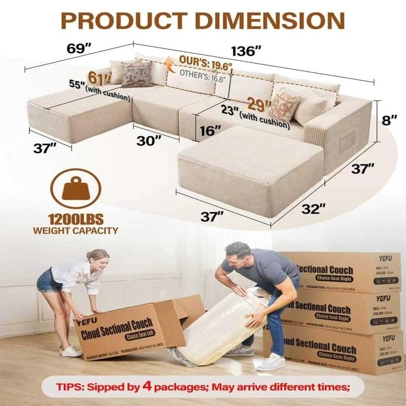 WINSOON Plush Modular Sectional Sofa with Pillows