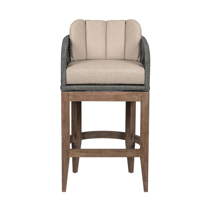 Orbit Boho Gray Rope and Solid Eucalyptus Wood Outdoor Bar Stool with Taupe Olefin Cushions