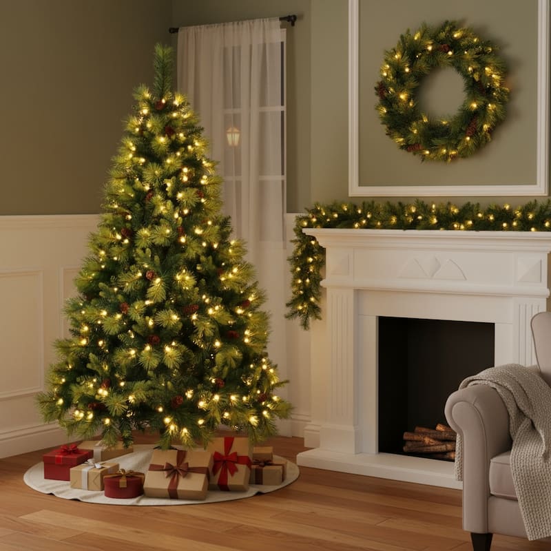 HomeRoots 6' Pre Lit Extra Full Pine Christmas Tree With Garland And Wreath Set - Green - 44.90 in. x 72.00 in. x 44.90 in. - Green - 6 Foot