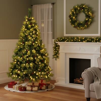 HomeRoots 6' Pre Lit Extra Full Pine Christmas Tree With Garland And Wreath Set - Green - 44.90 in. x 72.00 in. x 44.90 in.