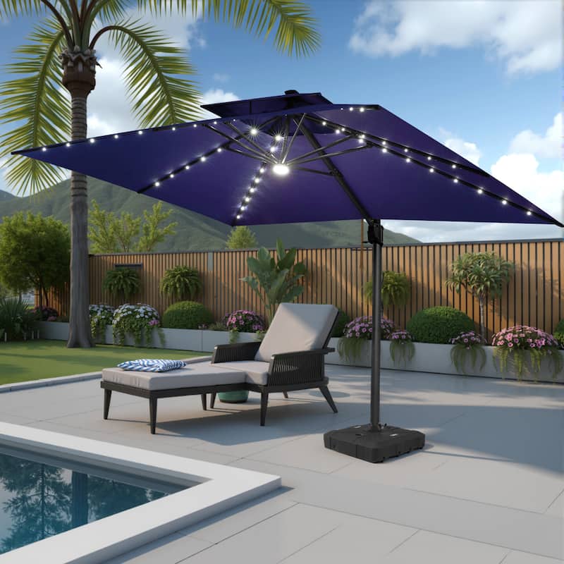 Pellebant Outdoor 10x13FT Patio Cantilever Umbrella Dual Top Lar Lighted with Wheel Base