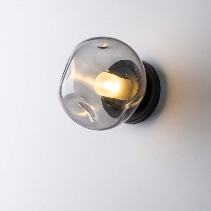 7.1" W Mid-Century Modern Matte Black Wall Sconce with Hand-Blown Smoked Gray/Pink Glass Shade for Bathroom, Staircase - Grey
