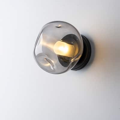 7.1" W Mid-Century Modern Matte Black Wall Sconce with Hand-Blown Smoked Gray/Pink Glass Shade for Bathroom, Staircase
