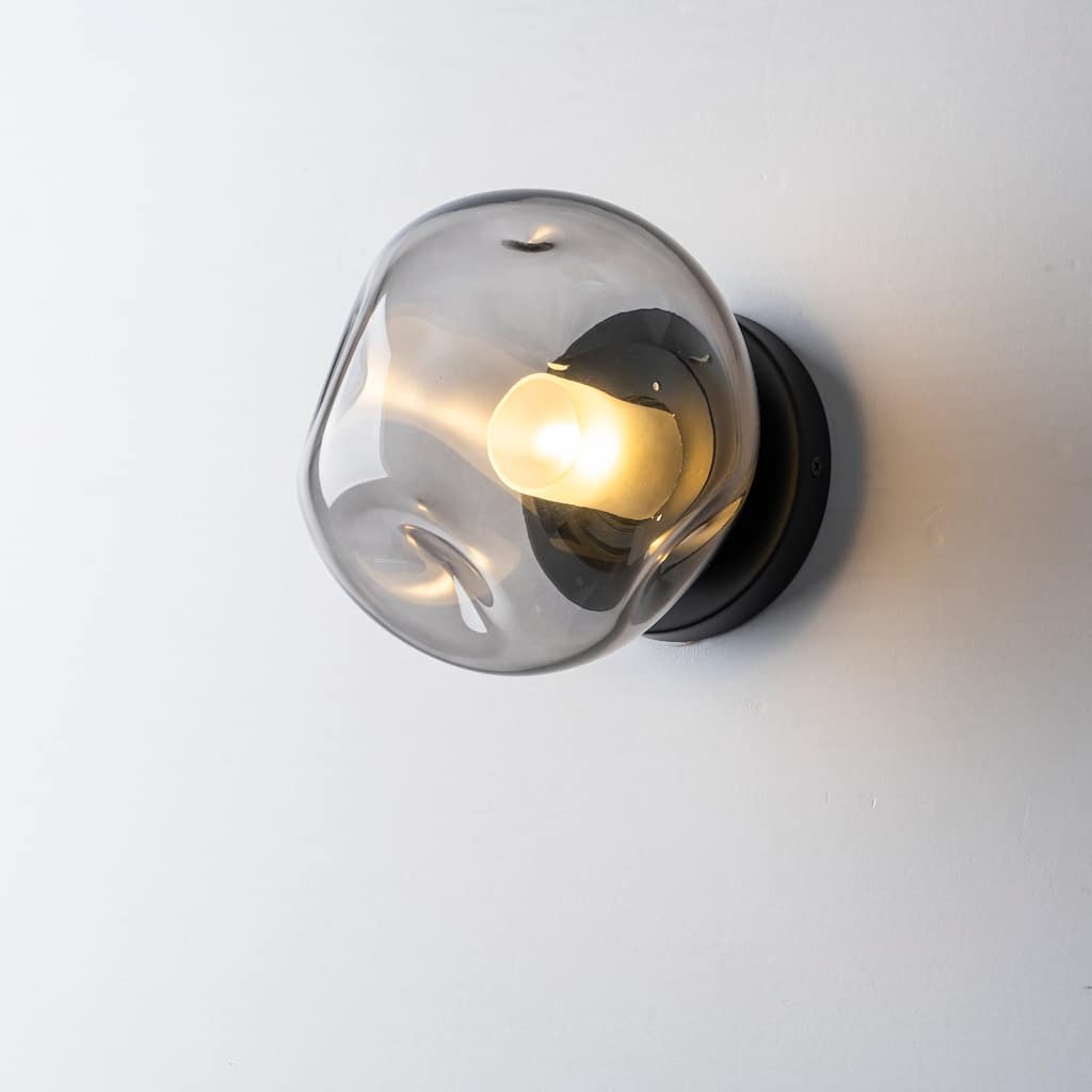 7.1" W Mid-Century Modern Matte Black Wall Sconce with Hand-Blown Smoked Gray/Pink Glass Shade for Bathroom, Staircase