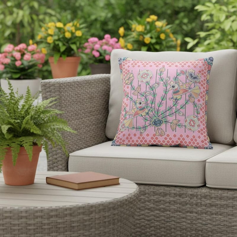 HomeRoots 16" x 16" Pink Peacock Blown Seam Floral Indoor Outdoor Throw Pillow - 16.00' X '5.00' X '16.00 - Pink - 16.00' X '5.00' X '16.00