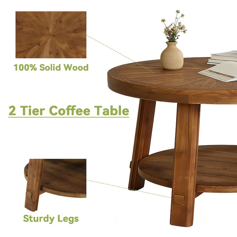 Solid Wood Round Coffee Table with Storage, 1.97'' Thickness Tabletop