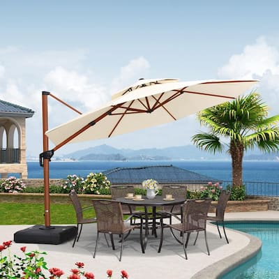PURPLE LEAF 12ft Round Wood Pattern Patio Cantilever Umbrella with Base