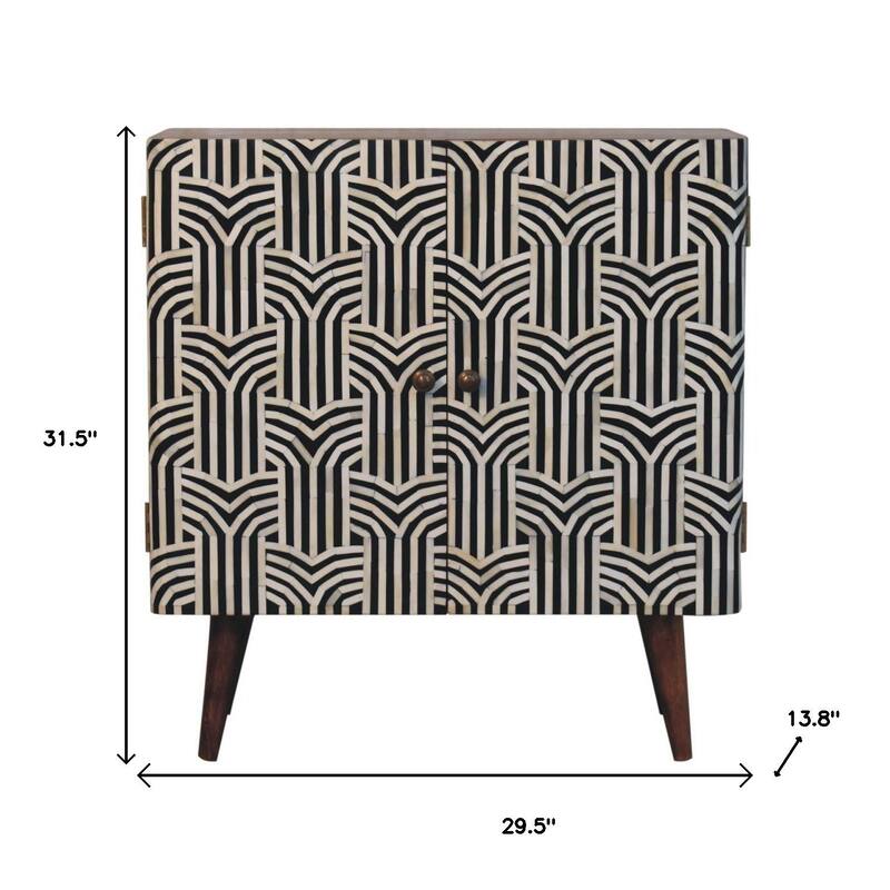 HomeRoots 32" Brown Black and White Solid Wood And Inlaid Bone Textured Accent Cabinet With Two Doors