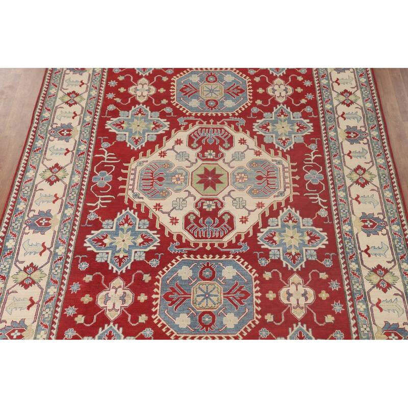 Geometric Red Kazak Rug Hand-Knotted Living Room Wool Carpet - 8'4"x 11'8"