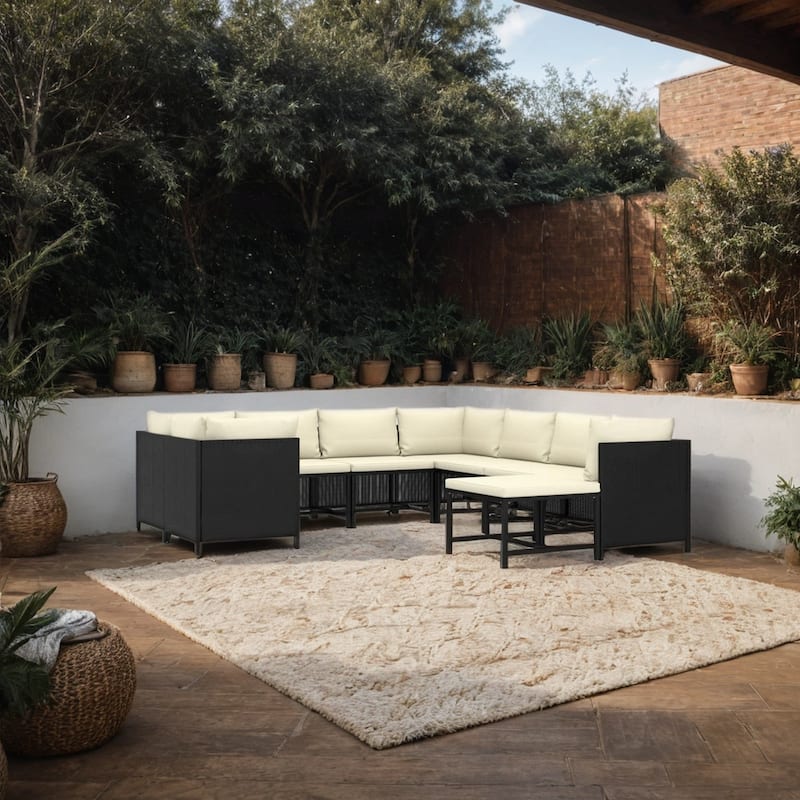Reno 9pc Outdoor Modular Sofa Set, Ivory Fabric Cushions, Black Rattan