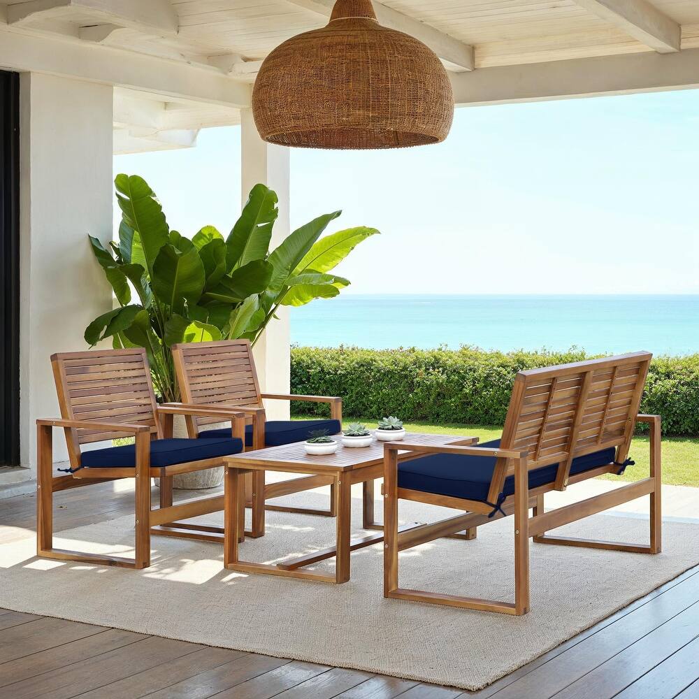 SAFAVIEH Outdoor Priama Acacia Wood 4-Piece Patio Set - 43"W x 23"D x 34"H
