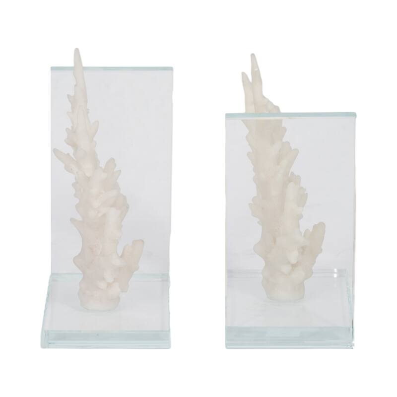 Decorative Costal Coral Accent on Glass Base Bookends - 7", White - 7.25"