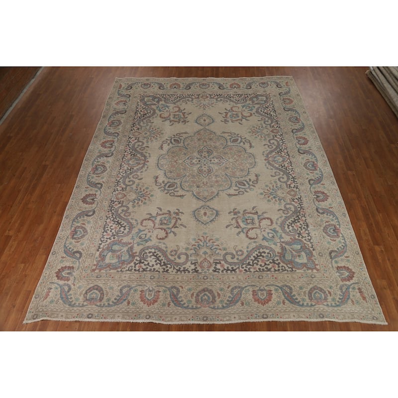 Medallion Tabriz Persian Area Rug Beige Hand-Knotted Wool Carpet - 9'5"x 12'3"