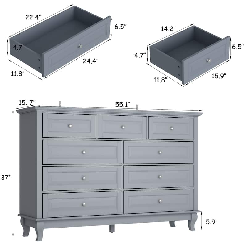 55.1"W 9-Drawer Dresser: Spacious and Sleek Design Chest Lacquer