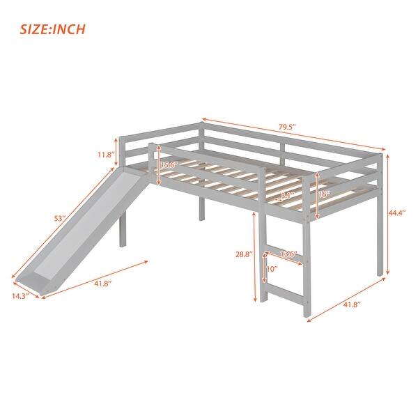 Gray Twin Solid Wood Loft Bed with Ladder and Safety Fence for Kids