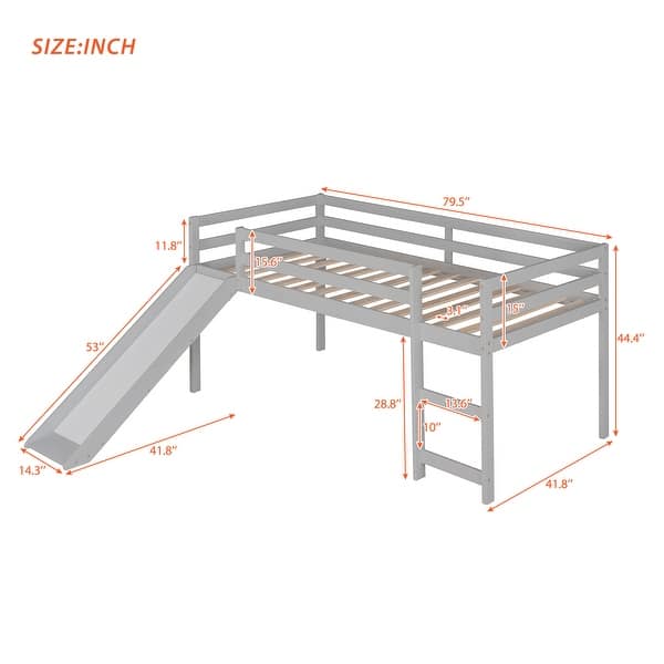 dimension image slide 0 of 3, Low Loft Bed with Slide, Twin