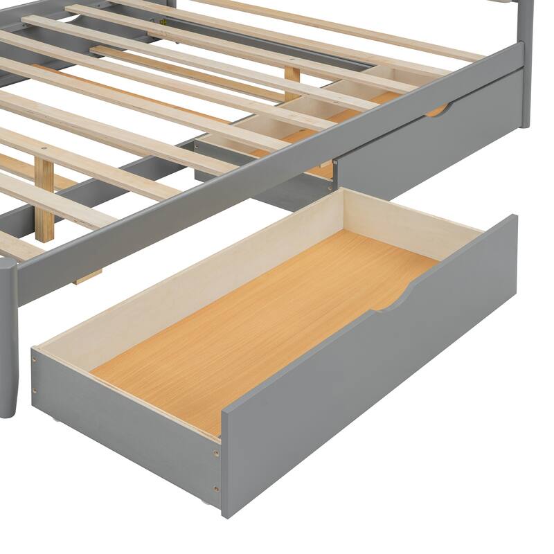 Queen Size Wooden Platform Bed Frame with Trundle, 2 Big Drawers and USB Ports, Stylish and Functional Bedroom Furniture