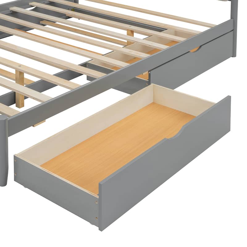 Queen Size Wooden Platform Bed with Twin-XL Size Trundle USB Ports Bedroom Storage Platform Bed with 2 Big Drawers