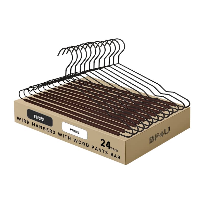 BP4U Heavy Duty Metal Clothes Hangers with Pants Bar, Wire Hangers with Beech Wood Trouser Bar for Sweaters, Jackets, Jeans - 24-Pack - Black/Walnut