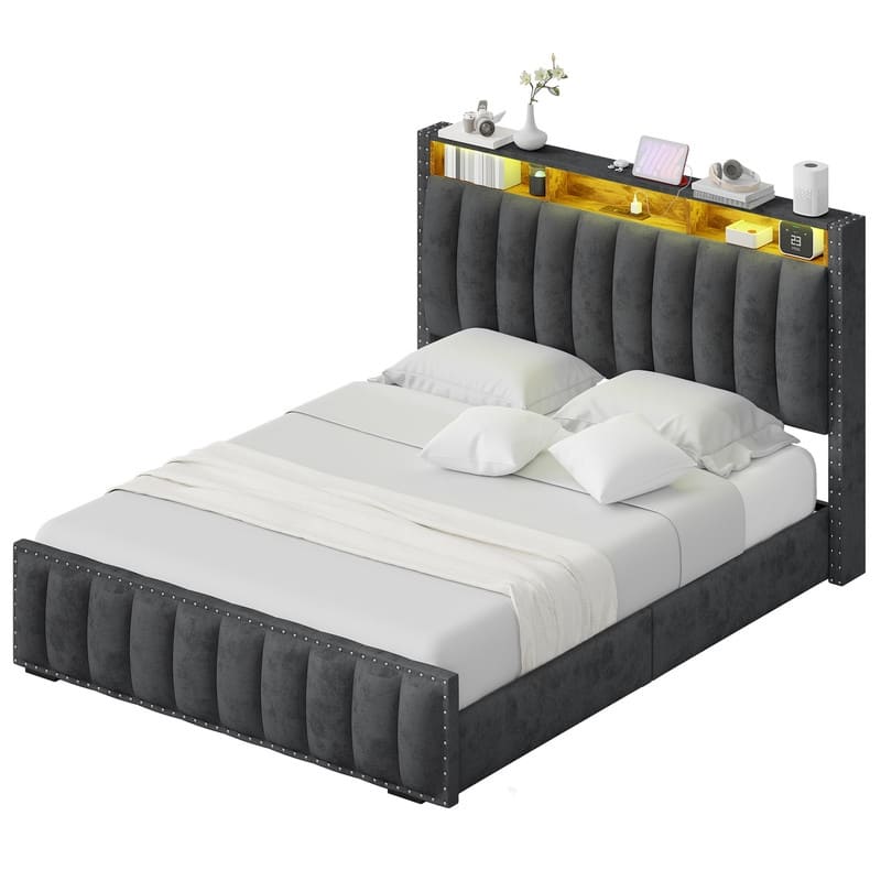 Full / Queen / King Size Platform Bed Frame with Upholstered Storage Headboard and 4 Drawers