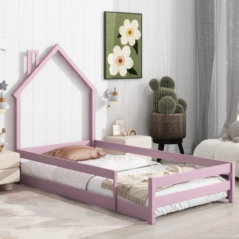 Twin Size Wood Bed Frame with House-shaped Headboard Floor bed with Fences