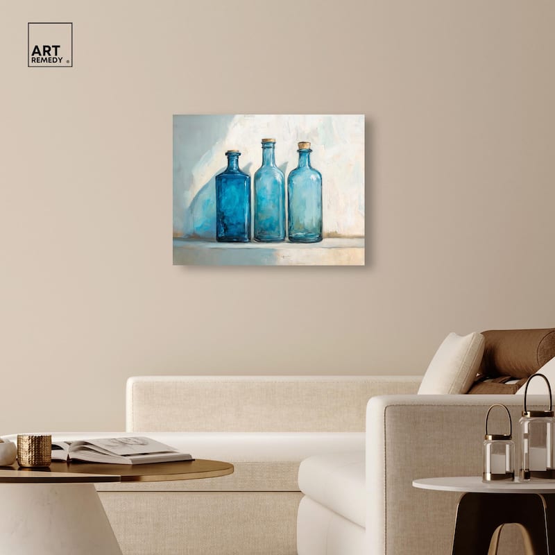 Three Blue Bottles Canvas by Art Remedy, Gallery Wrapped