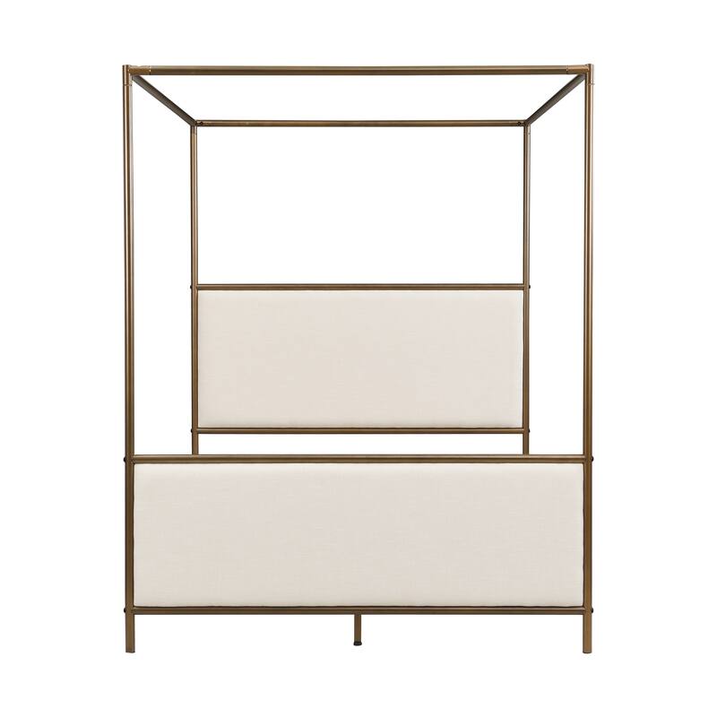 Modern Canopy Bed Frame with Upholstered Headboard Footboard, Platform Bed with Metal Frame, Wooden Slat Support, Noise-free