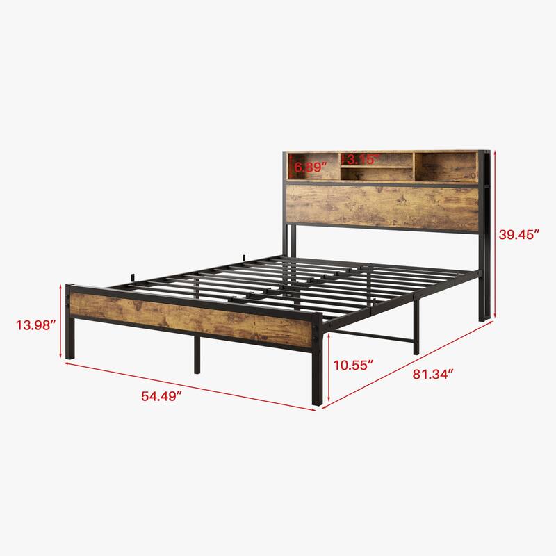 Full Size Storage Bed Frame with USB Charging, Bookcase Headboard, Noise-Free, Easy Assembly, Black
