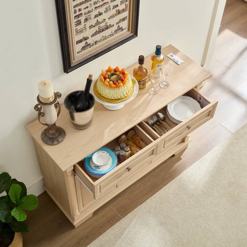 Farmhouse Style Kitchen Storage Cabinet, Large Wall Cabinet with Drawers and Doors in Roman Column Shape, Wooden Coffee Bar