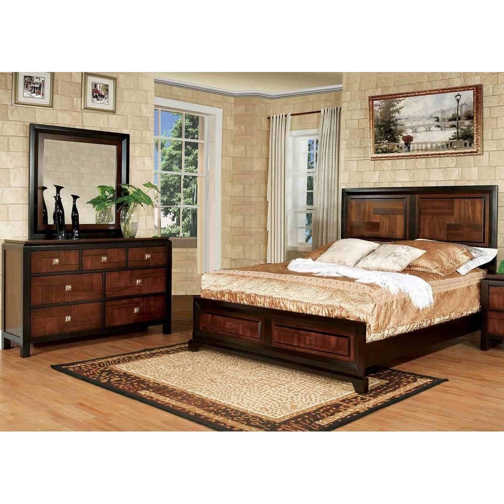 3pc Walnut Finish Bed Dresser Mirror Bedroom Set Classic