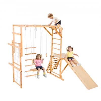 Original Wood 8 in 1 Indoor Playground Jungle Gym for Kids with Extended Slide Swing Climbing Net Monkey Bars - 87.60" x 75.59"