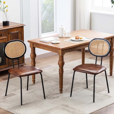 Faux Leather Rattan Back Dining Chairs Counter Stools with Metal Legs