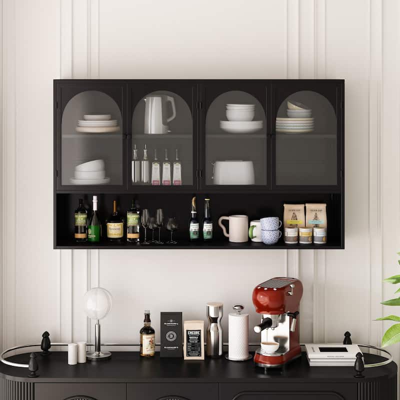 47.25" 4-door Glass Wall-mounted Cabinet Storage, - Black