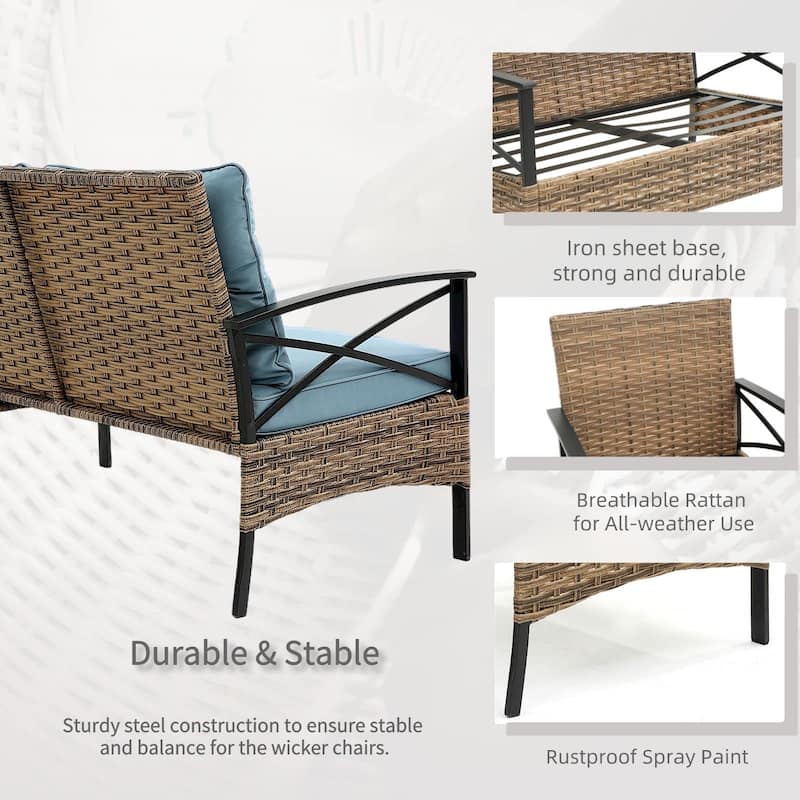4-Piece Outdoor Patio Rattan Furniture Set, Thick Cushions&Side Table - 1 Table+2 Single chairs+1 Loveseat