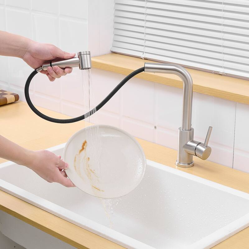 Modern Single Handle Single Hole Bathroom Sink Faucet with Pull Out Sprayer for Easy Rinsing and Cleaning